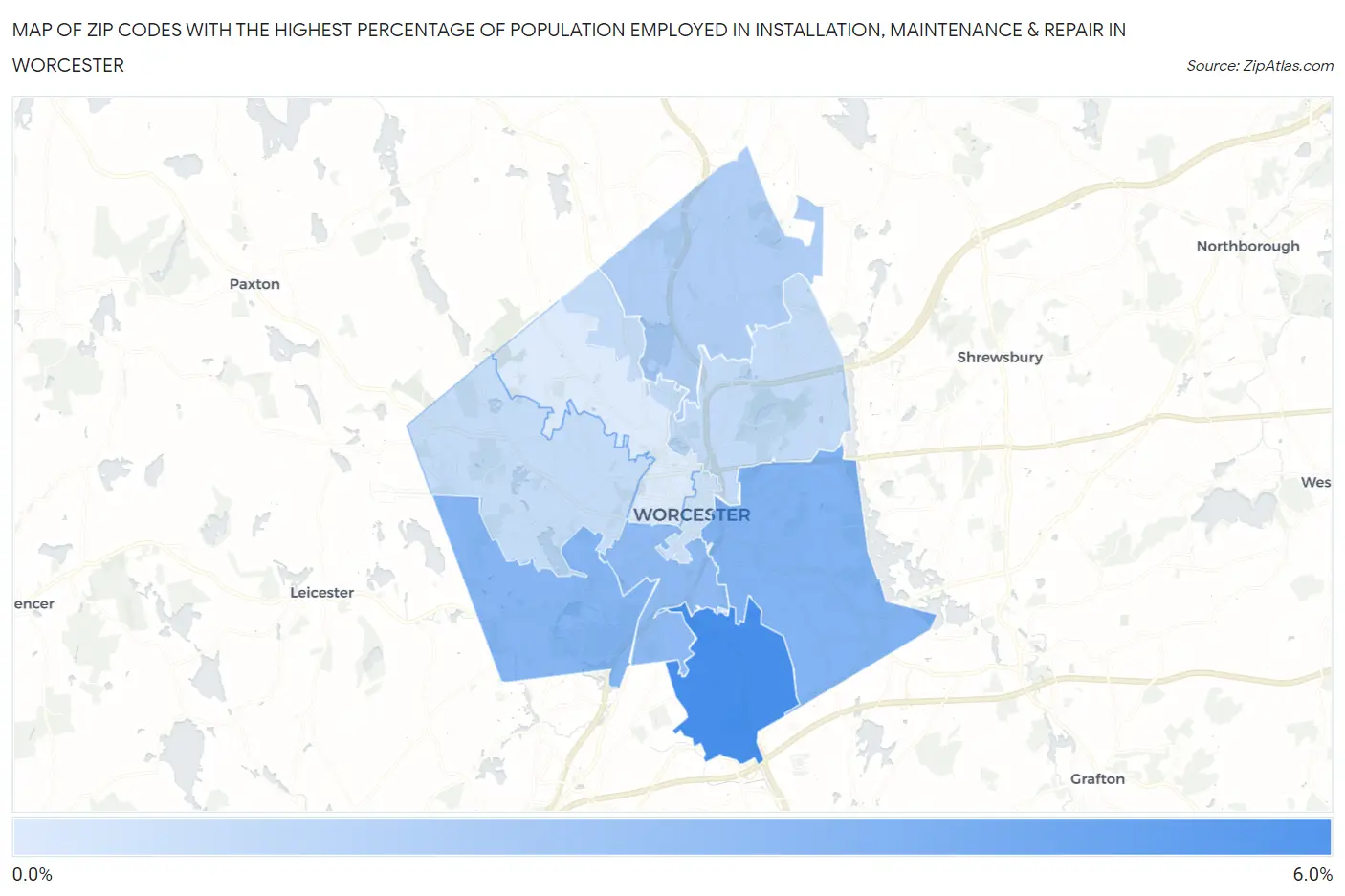 Zip Codes with the Highest Percentage of Population Employed in Installation, Maintenance & Repair in Worcester Map