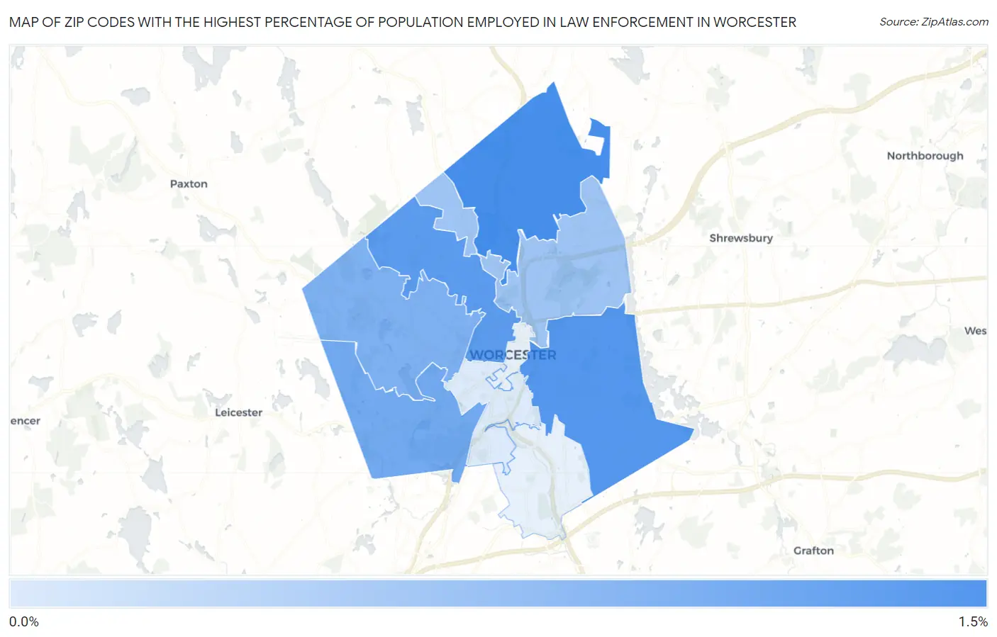 Zip Codes with the Highest Percentage of Population Employed in Law Enforcement in Worcester Map