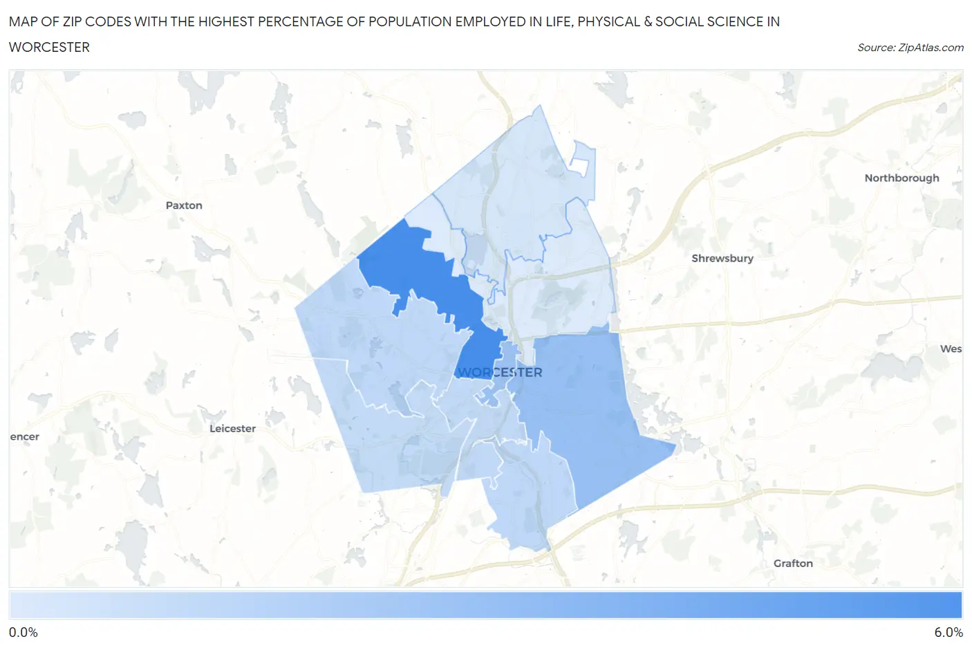 Zip Codes with the Highest Percentage of Population Employed in Life, Physical & Social Science in Worcester Map
