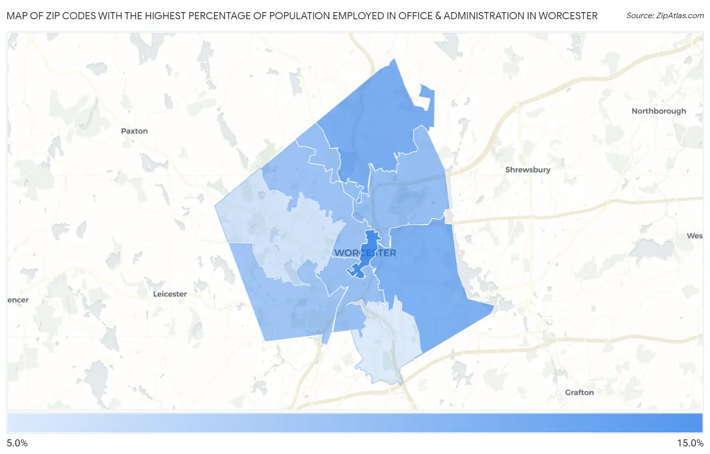 Zip Codes with the Highest Percentage of Population Employed in Office & Administration in Worcester Map