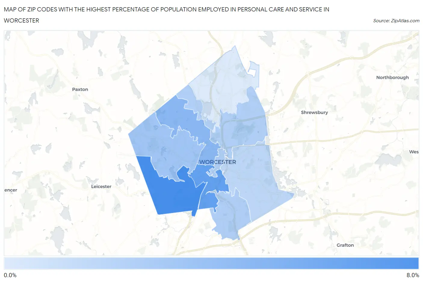 Zip Codes with the Highest Percentage of Population Employed in Personal Care and Service in Worcester Map