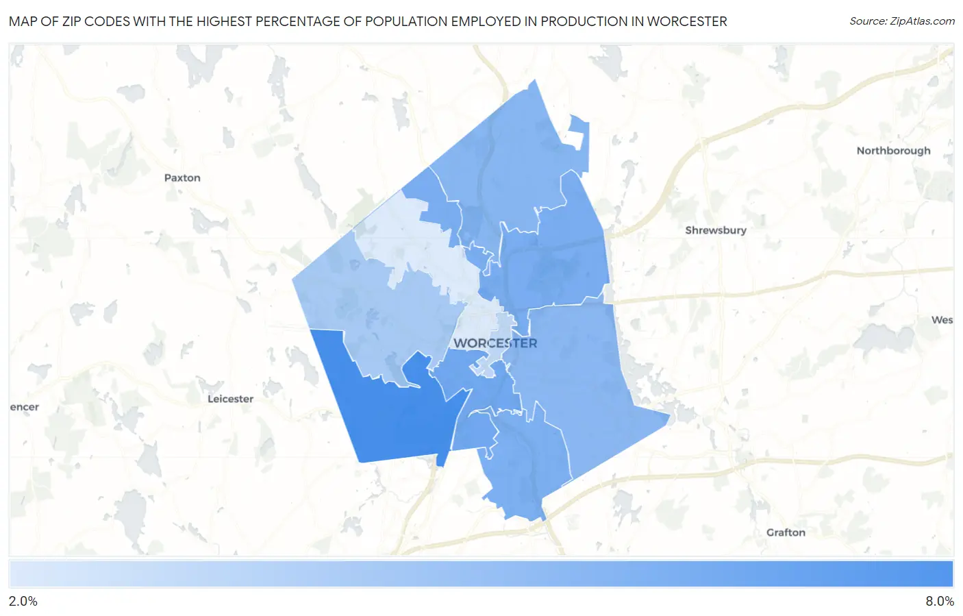 Zip Codes with the Highest Percentage of Population Employed in Production in Worcester Map