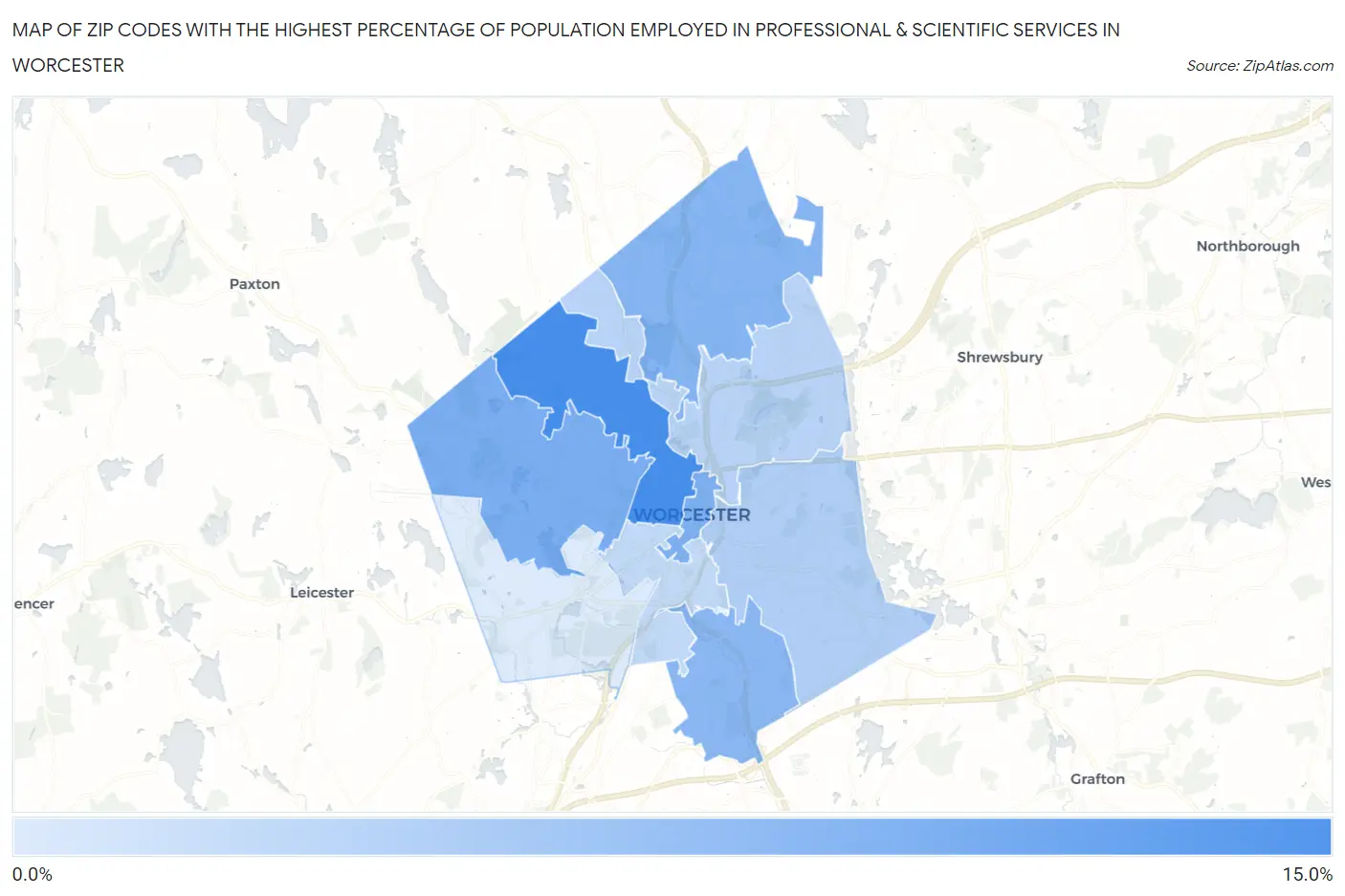 Zip Codes with the Highest Percentage of Population Employed in Professional & Scientific Services in Worcester Map