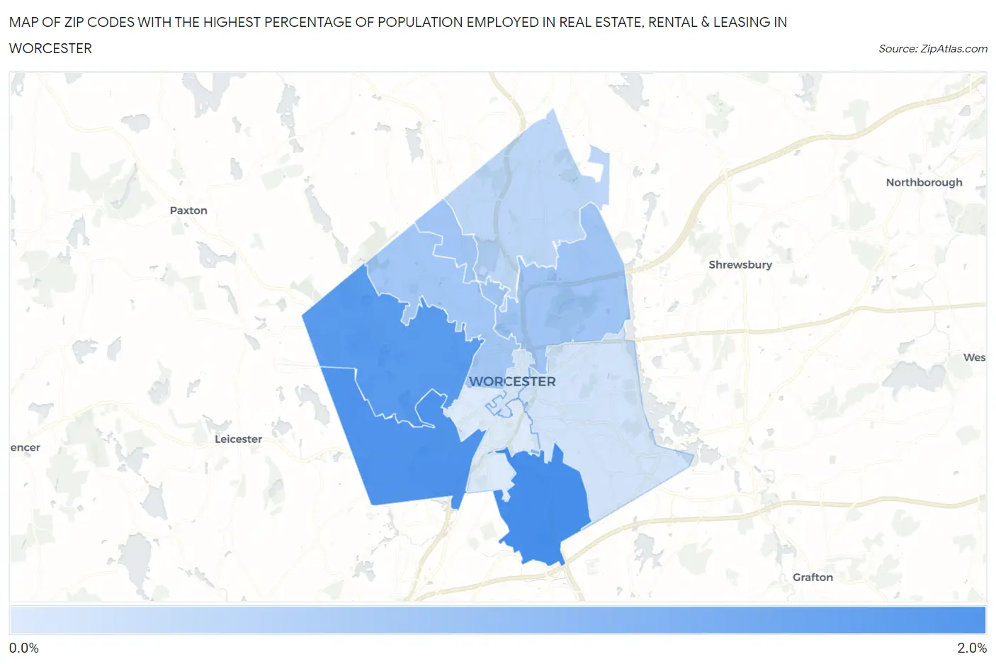 Zip Codes with the Highest Percentage of Population Employed in Real Estate, Rental & Leasing in Worcester Map