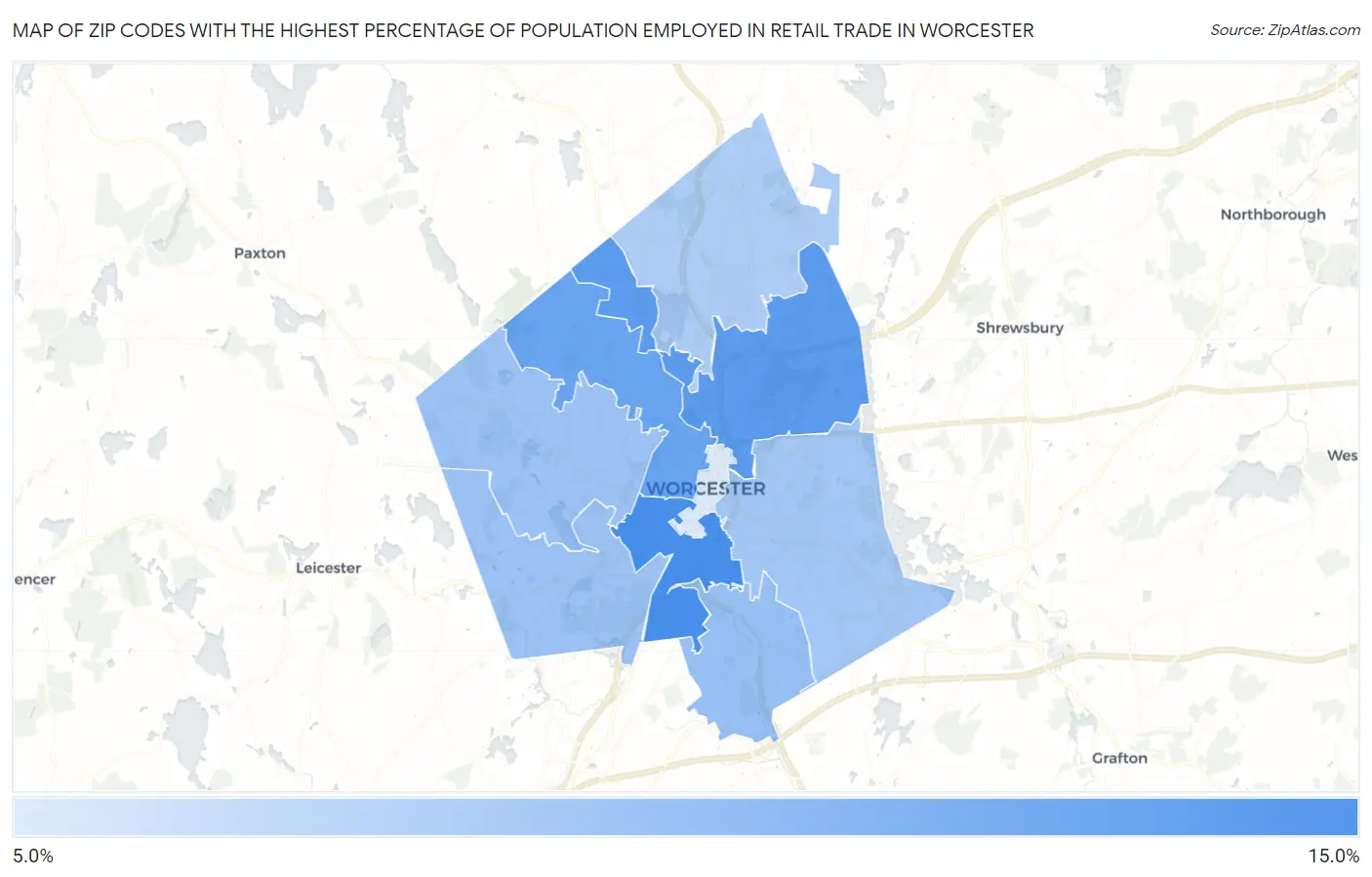 Zip Codes with the Highest Percentage of Population Employed in Retail Trade in Worcester Map