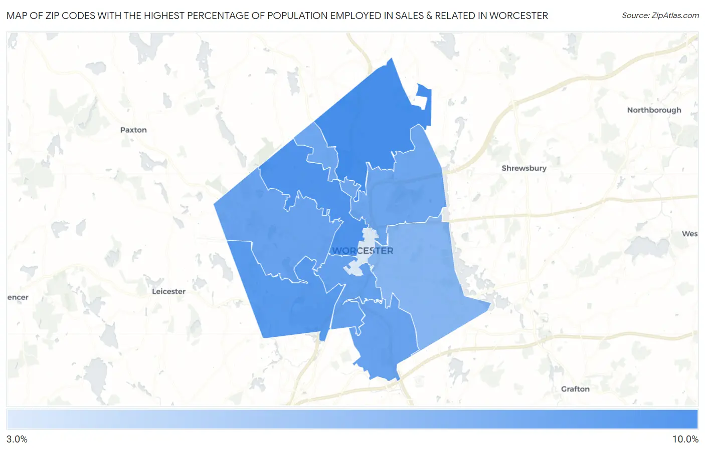 Zip Codes with the Highest Percentage of Population Employed in Sales & Related in Worcester Map