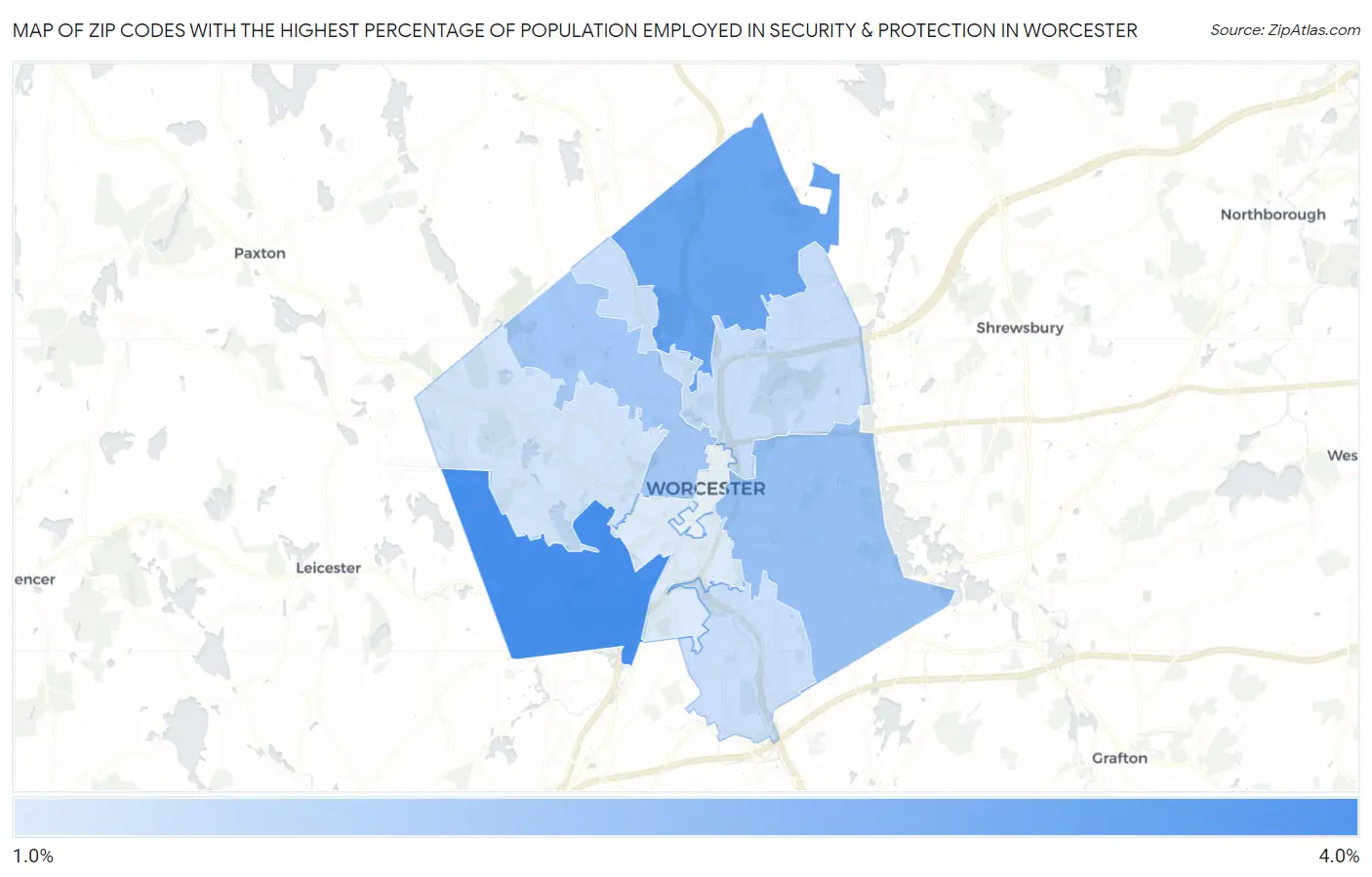 Zip Codes with the Highest Percentage of Population Employed in Security & Protection in Worcester Map