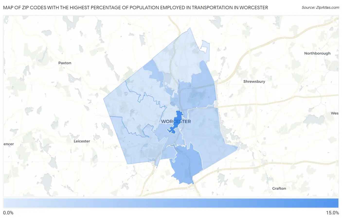 Zip Codes with the Highest Percentage of Population Employed in Transportation in Worcester Map