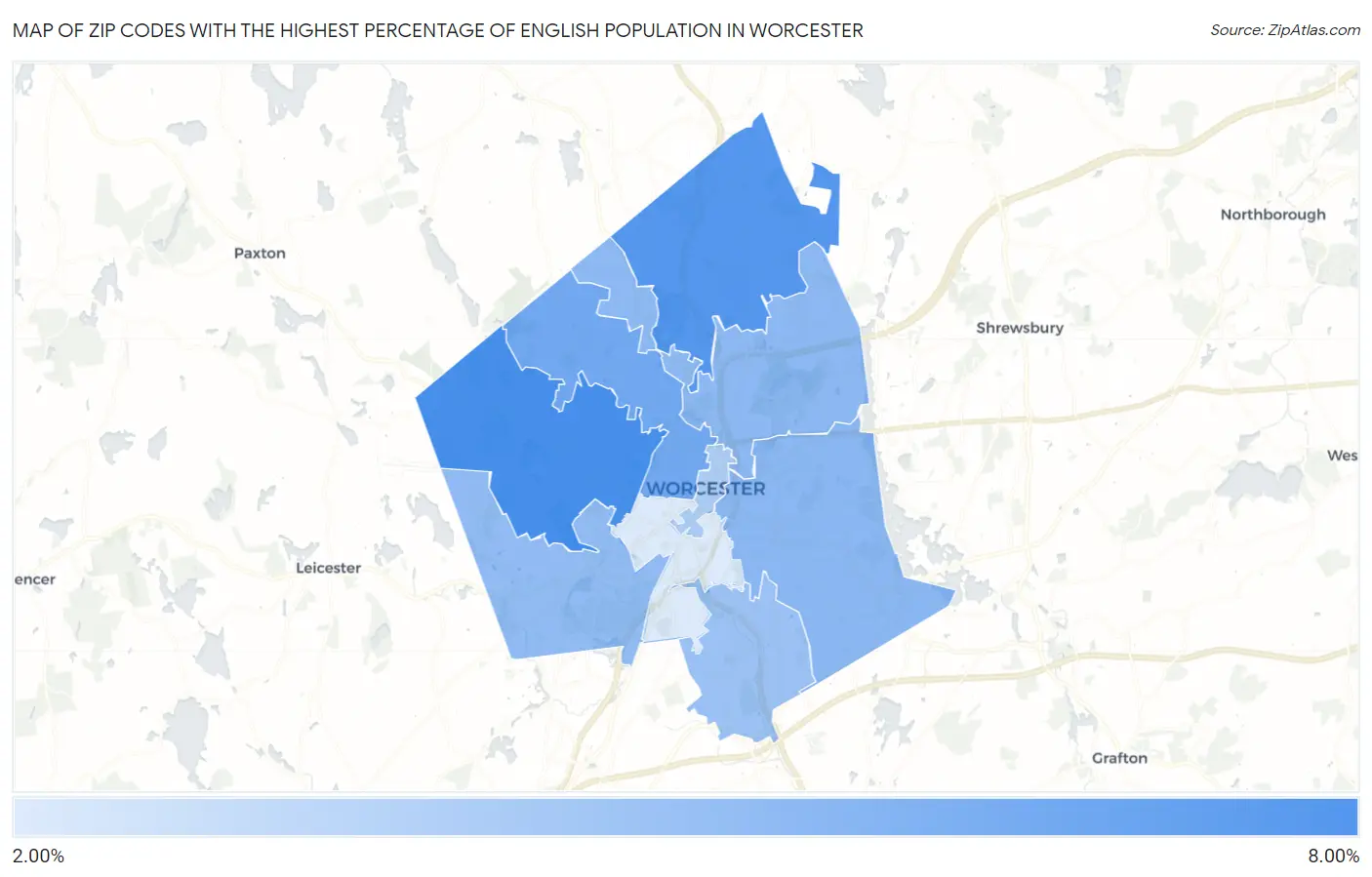 Zip Codes with the Highest Percentage of English Population in Worcester Map