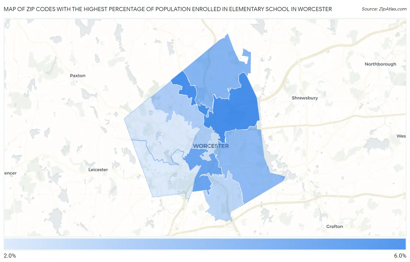 Zip Codes with the Highest Percentage of Population Enrolled in Elementary School in Worcester Map