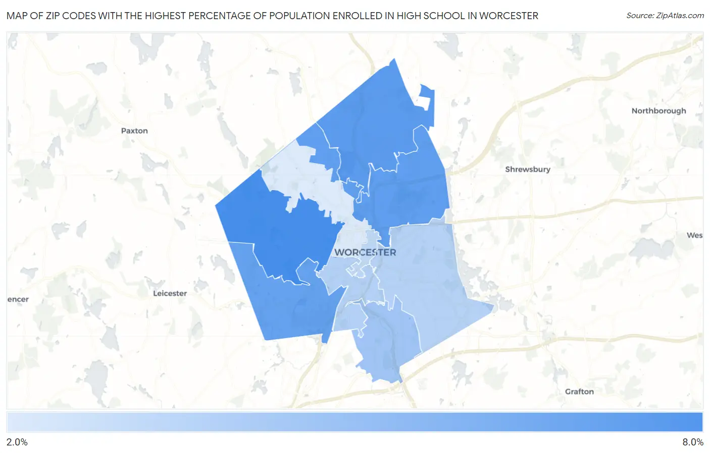 Zip Codes with the Highest Percentage of Population Enrolled in High School in Worcester Map