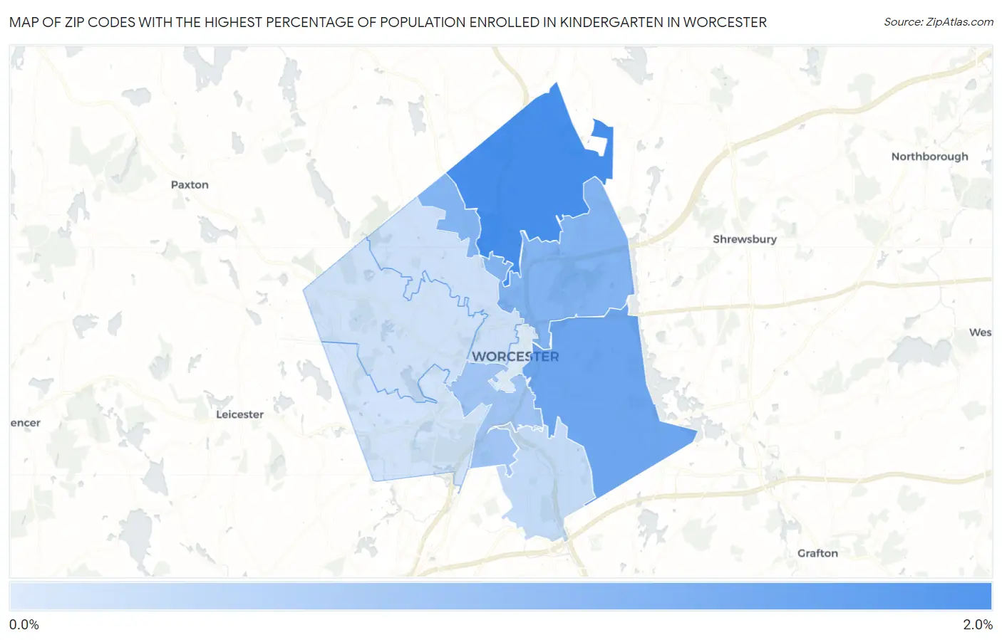 Zip Codes with the Highest Percentage of Population Enrolled in Kindergarten in Worcester Map