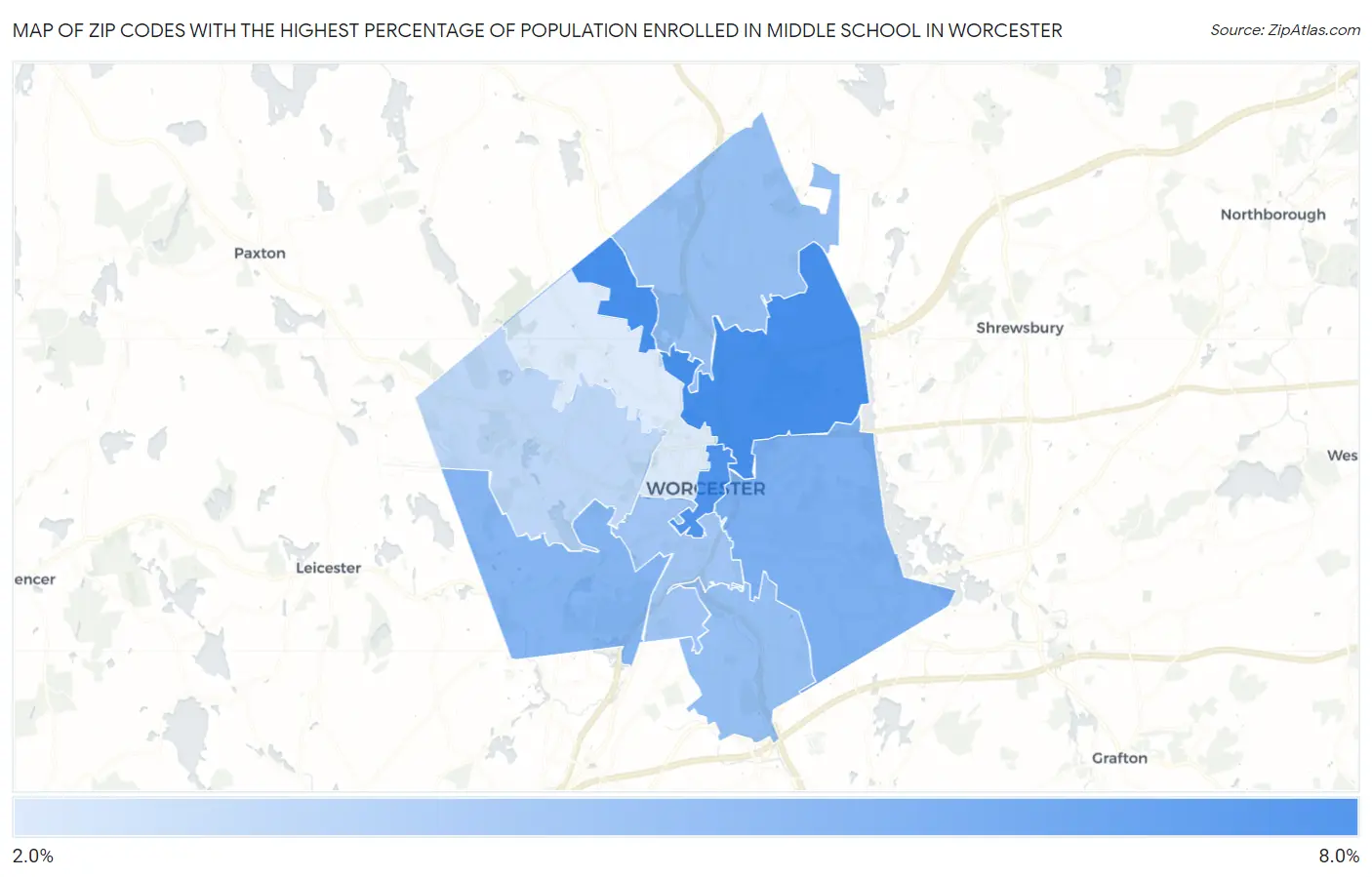 Zip Codes with the Highest Percentage of Population Enrolled in Middle School in Worcester Map