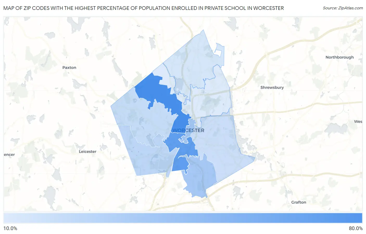 Zip Codes with the Highest Percentage of Population Enrolled in Private School in Worcester Map