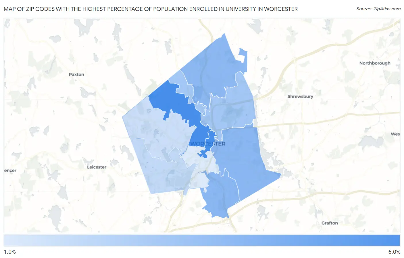 Zip Codes with the Highest Percentage of Population Enrolled in University in Worcester Map