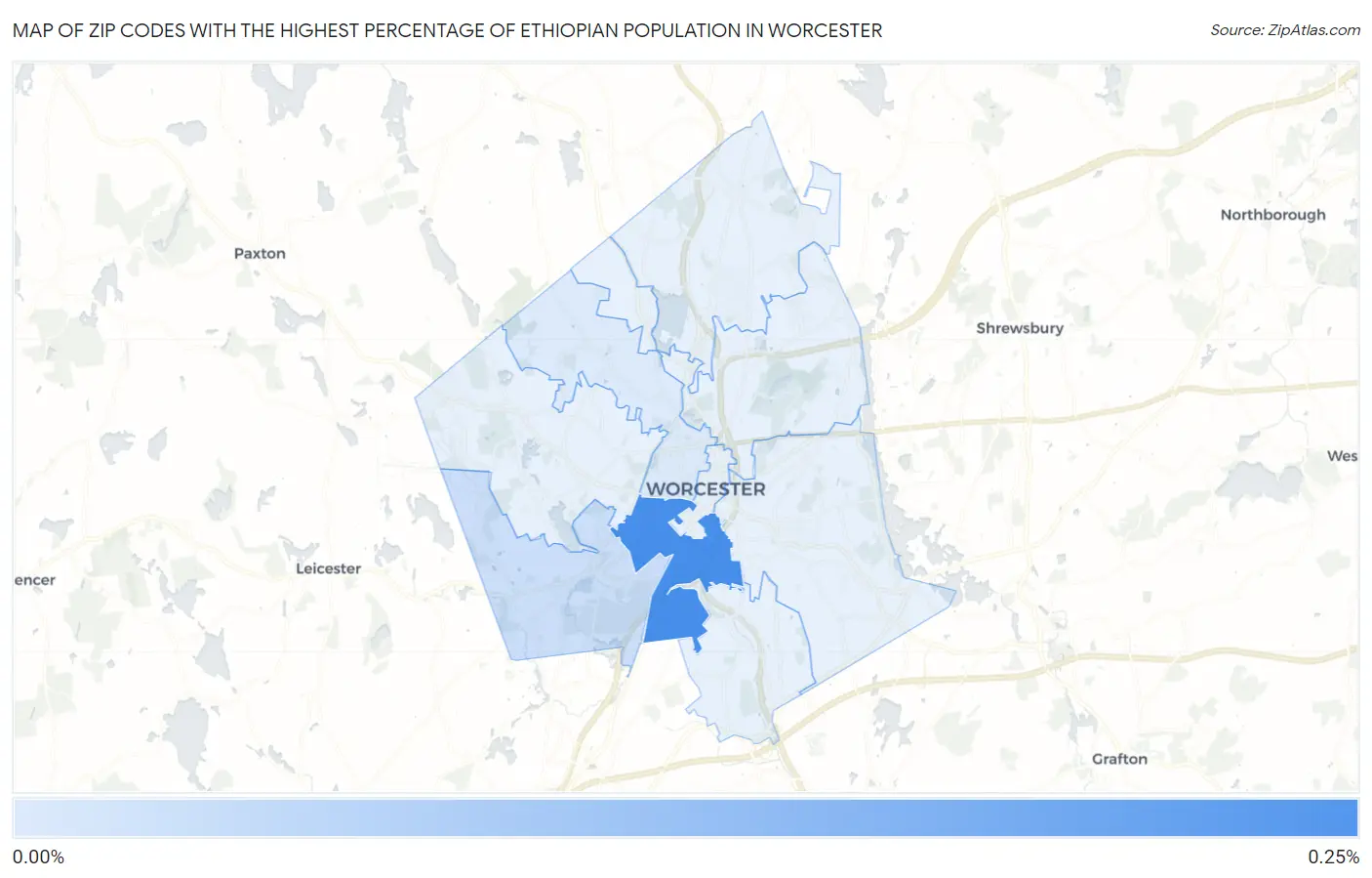 Zip Codes with the Highest Percentage of Ethiopian Population in Worcester Map