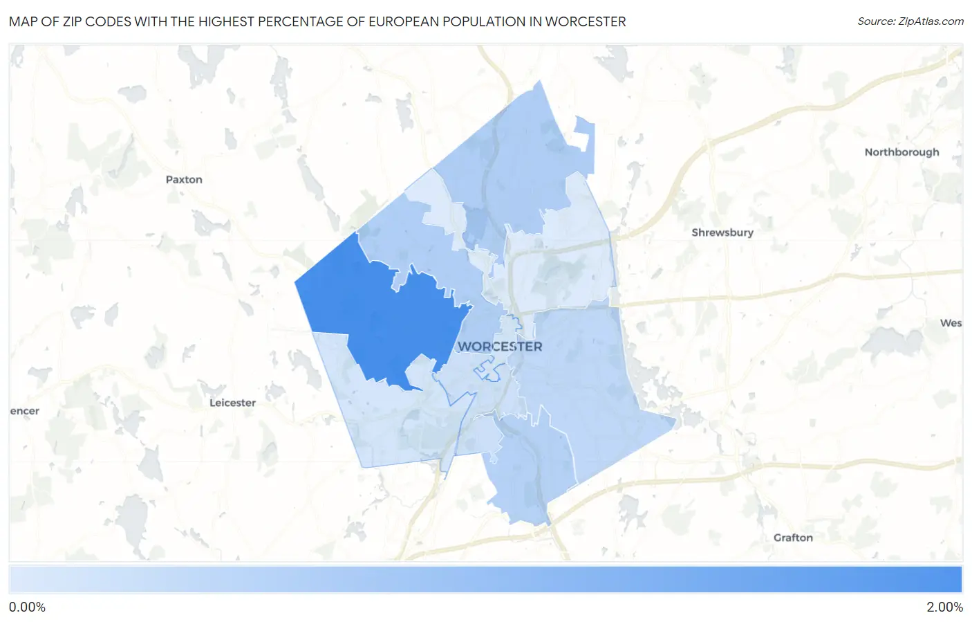 Zip Codes with the Highest Percentage of European Population in Worcester Map