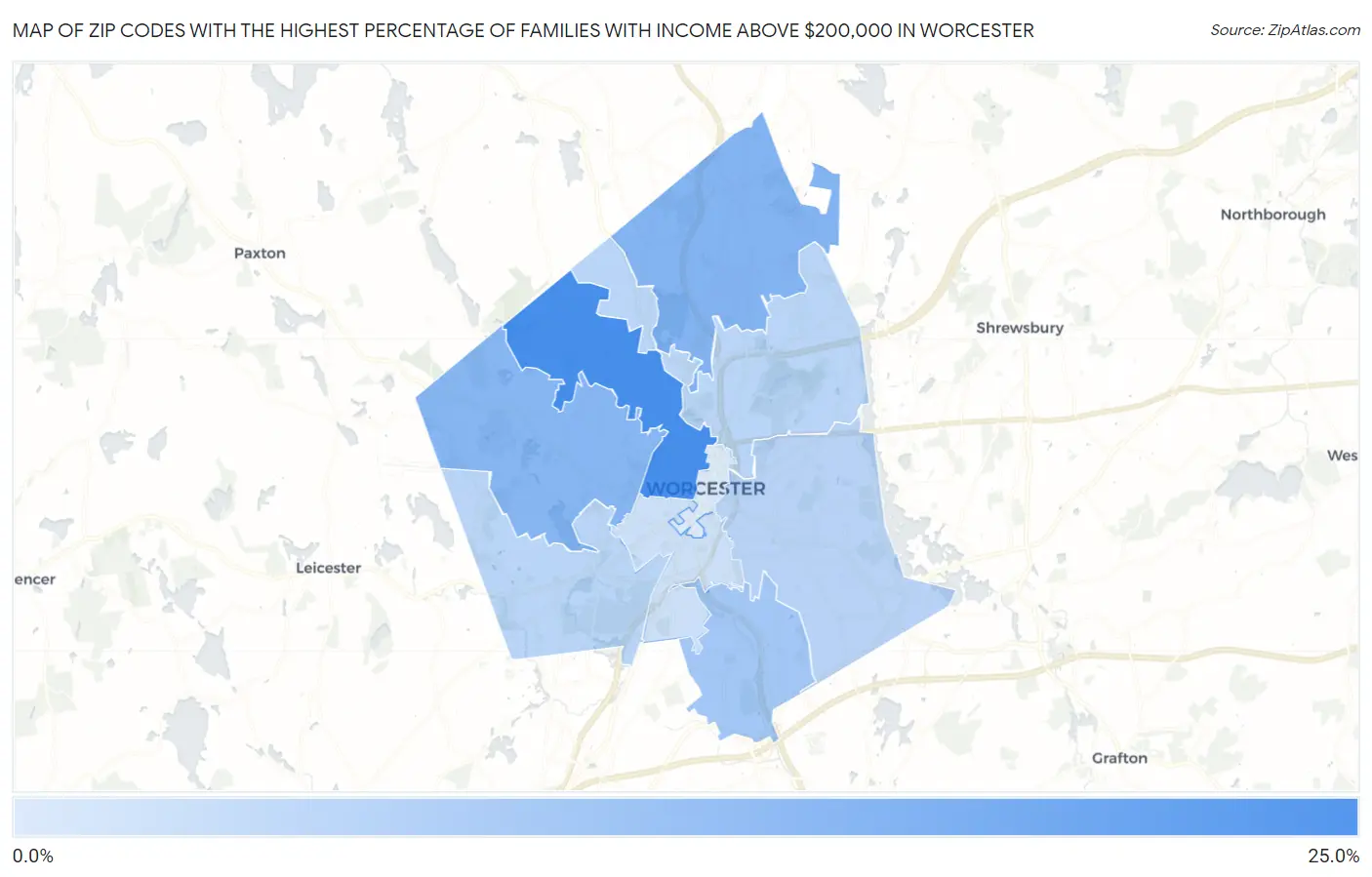 Zip Codes with the Highest Percentage of Families with Income Above $200,000 in Worcester Map