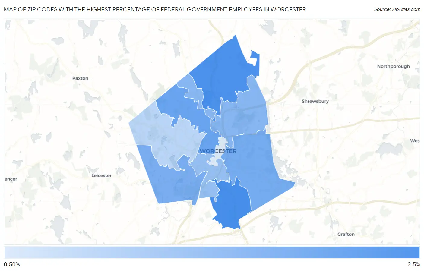 Zip Codes with the Highest Percentage of Federal Government Employees in Worcester Map