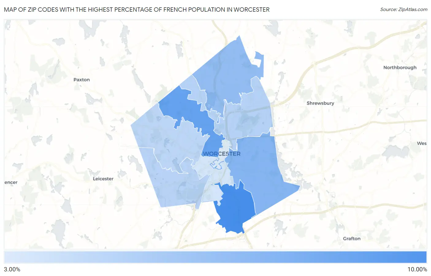 Zip Codes with the Highest Percentage of French Population in Worcester Map