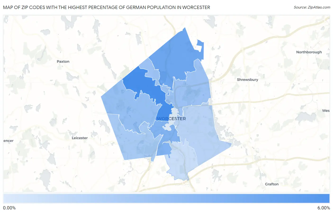 Zip Codes with the Highest Percentage of German Population in Worcester Map