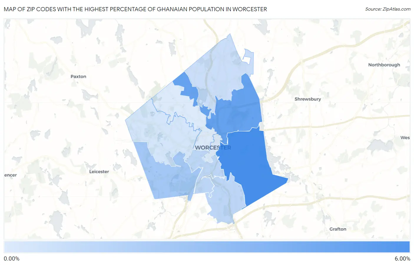 Zip Codes with the Highest Percentage of Ghanaian Population in Worcester Map