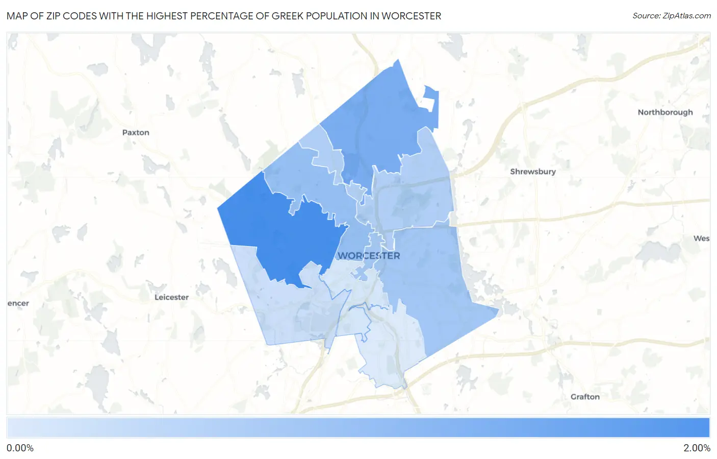 Zip Codes with the Highest Percentage of Greek Population in Worcester Map
