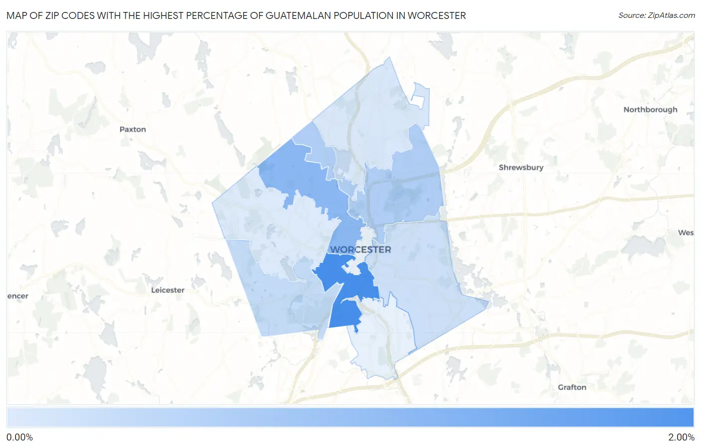 Zip Codes with the Highest Percentage of Guatemalan Population in Worcester Map