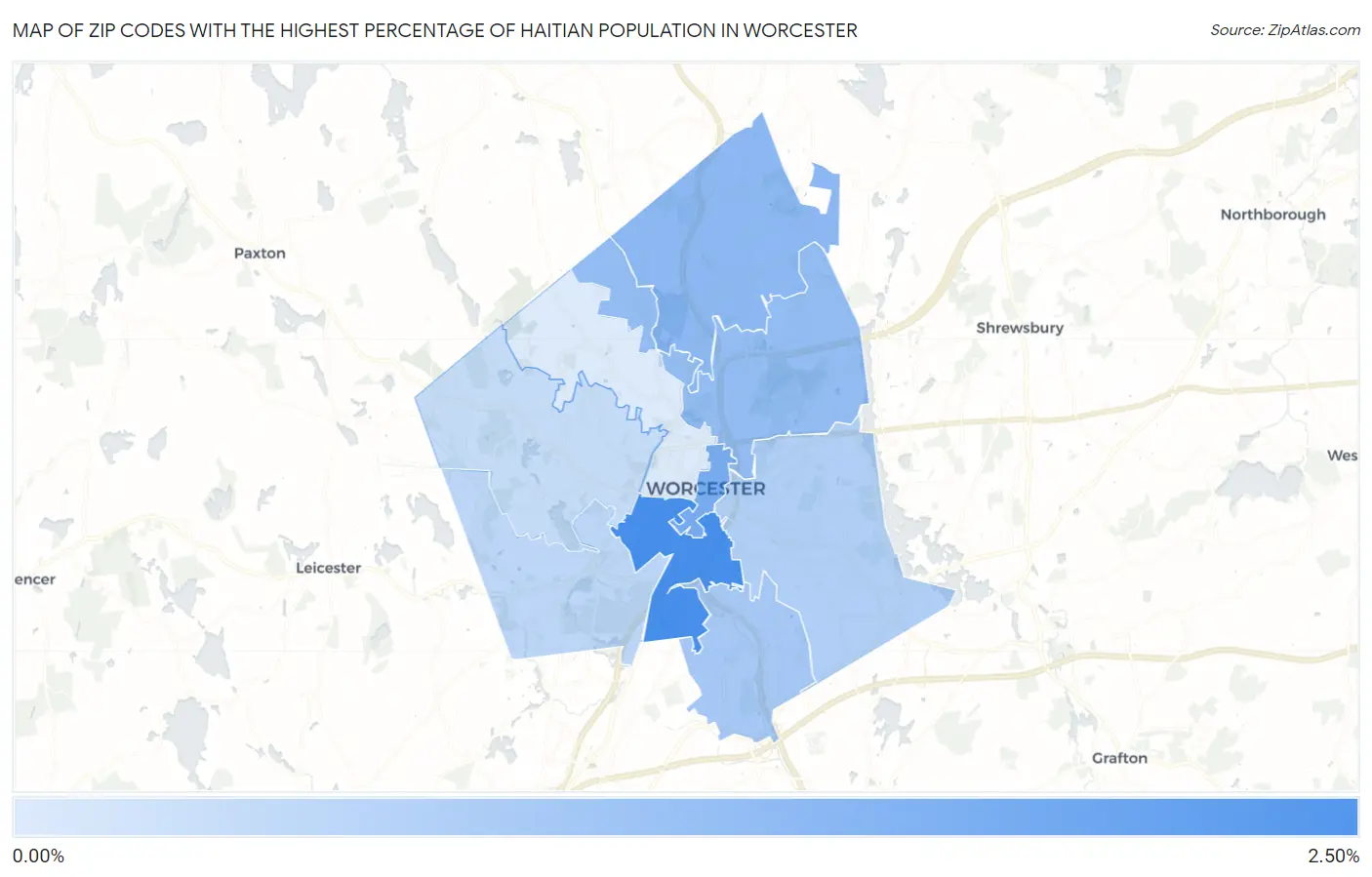 Zip Codes with the Highest Percentage of Haitian Population in Worcester Map