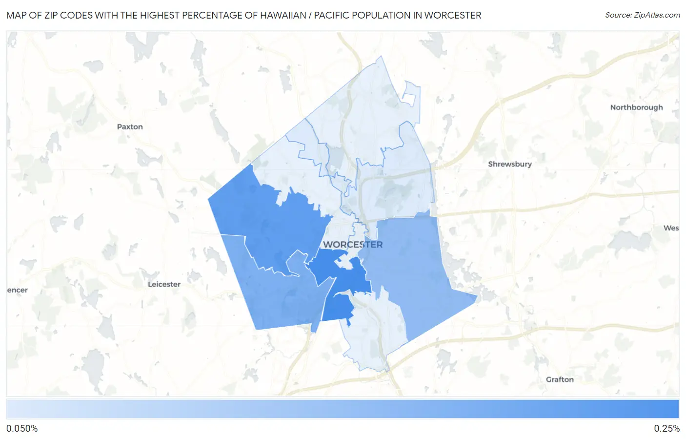 Zip Codes with the Highest Percentage of Hawaiian / Pacific Population in Worcester Map