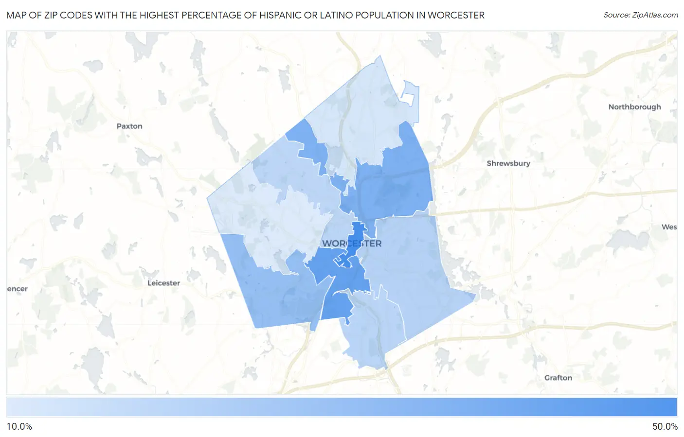 Zip Codes with the Highest Percentage of Hispanic or Latino Population in Worcester Map