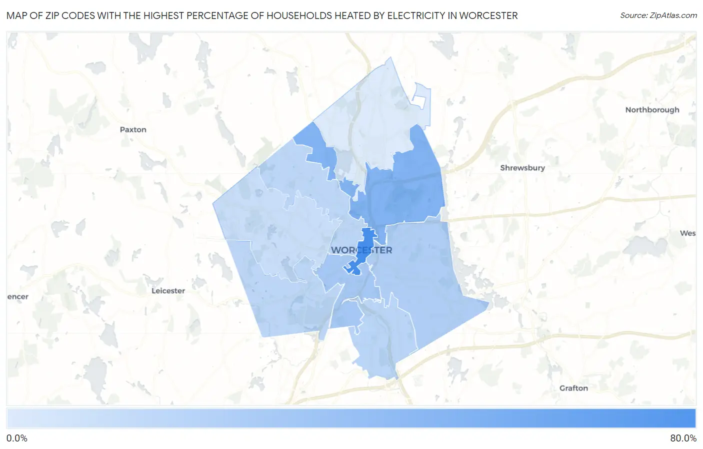 Zip Codes with the Highest Percentage of Households Heated by Electricity in Worcester Map
