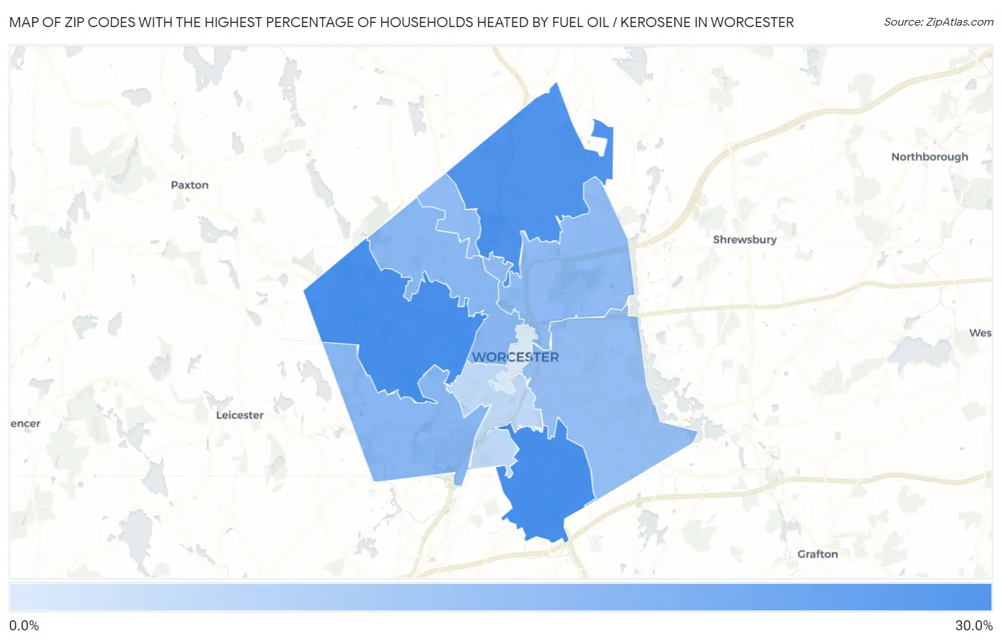 Zip Codes with the Highest Percentage of Households Heated by Fuel Oil / Kerosene in Worcester Map