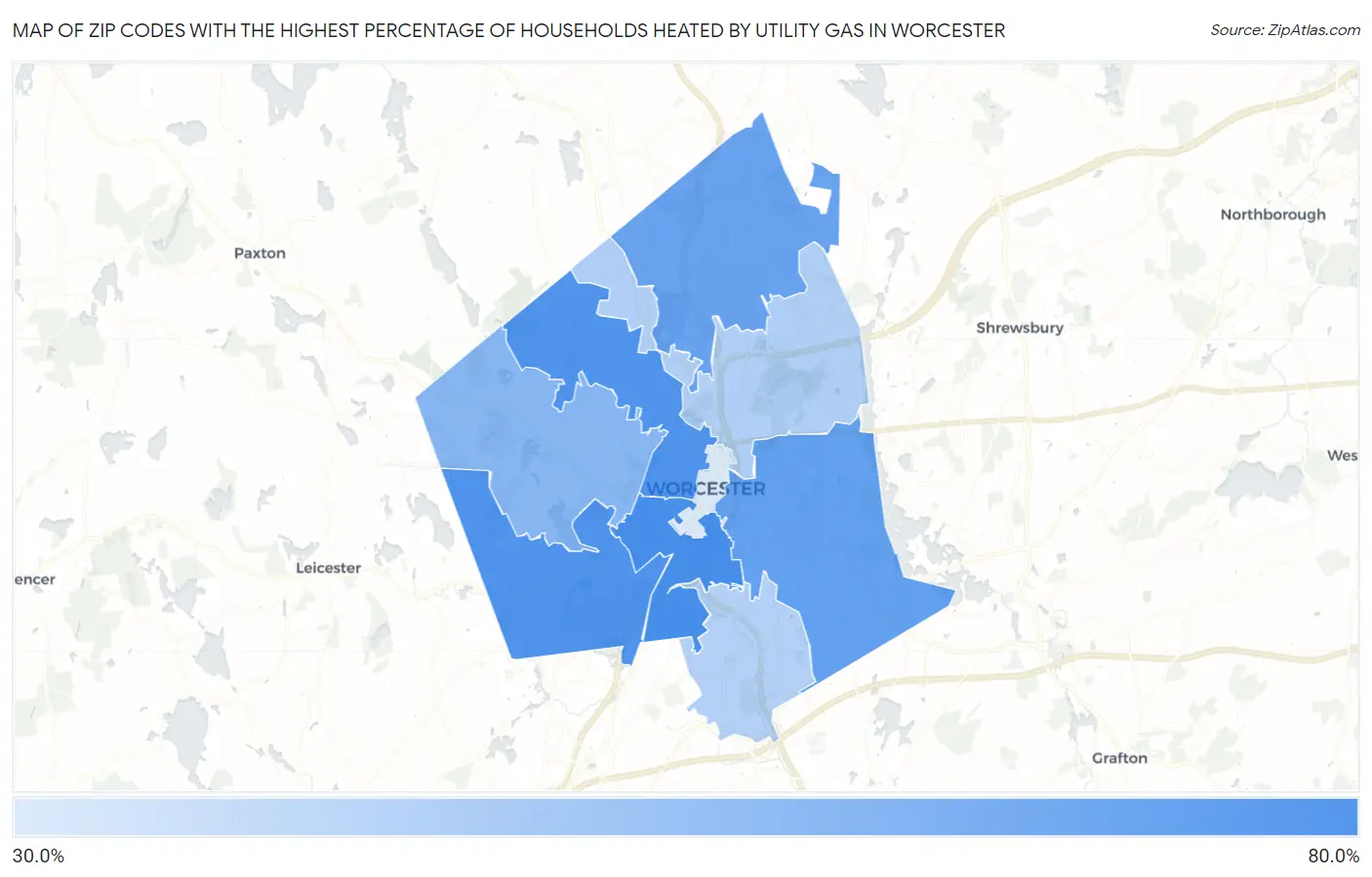Zip Codes with the Highest Percentage of Households Heated by Utility Gas in Worcester Map