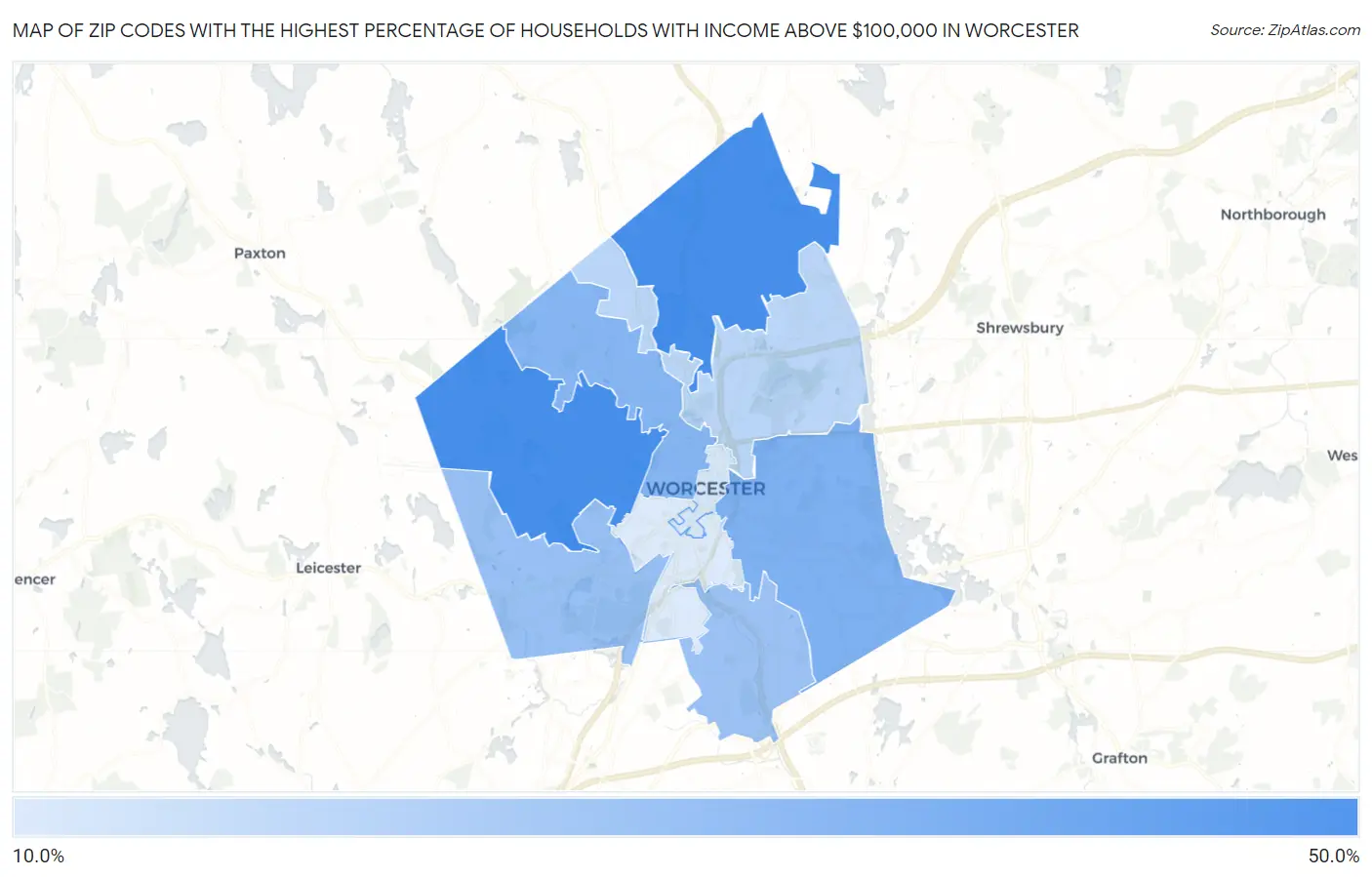 Zip Codes with the Highest Percentage of Households with Income Above $100,000 in Worcester Map