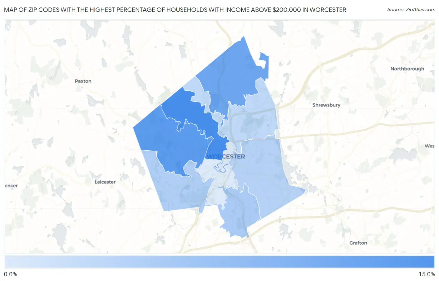 Zip Codes with the Highest Percentage of Households with Income Above $200,000 in Worcester Map