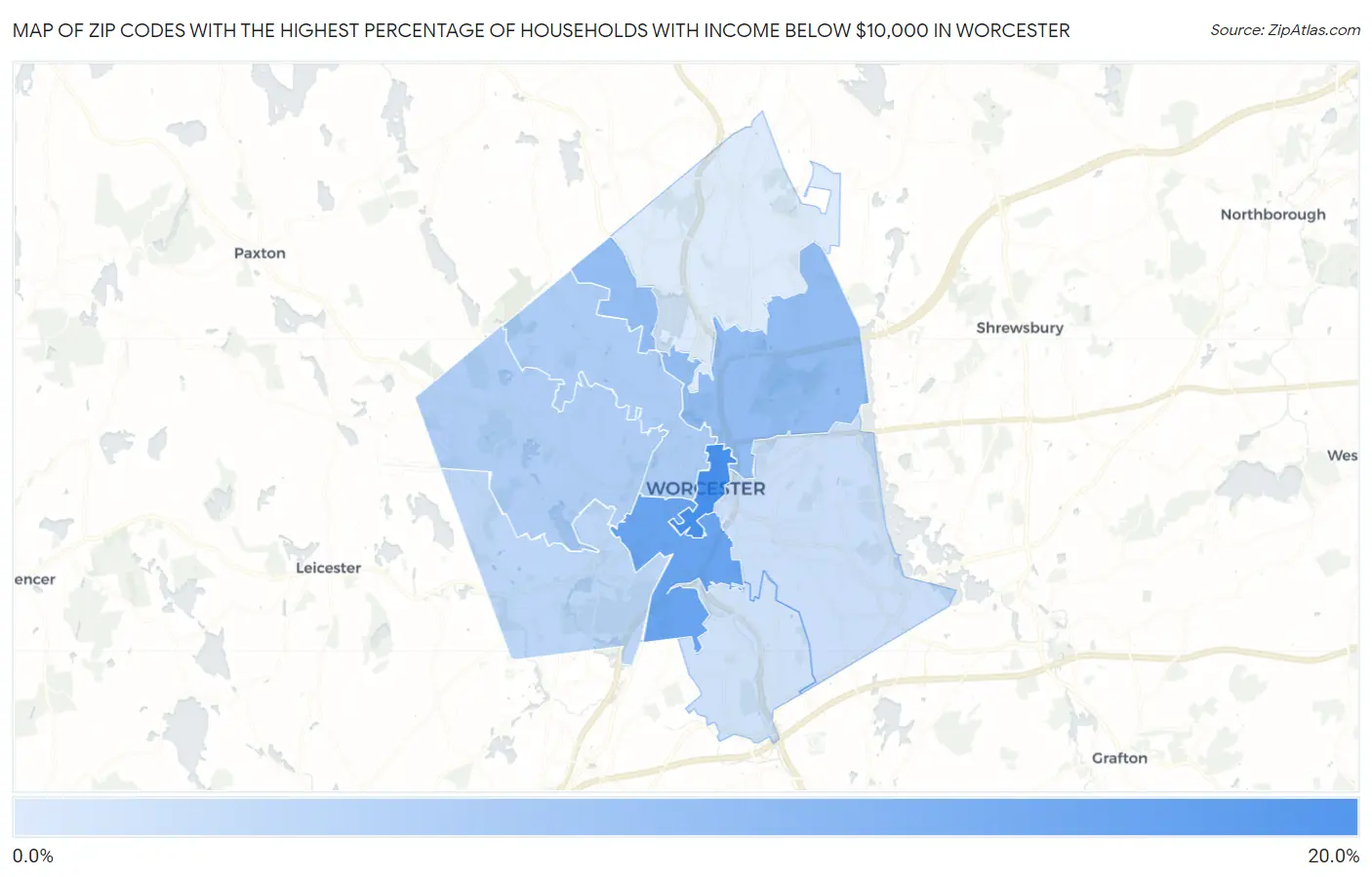 Zip Codes with the Highest Percentage of Households with Income Below $10,000 in Worcester Map