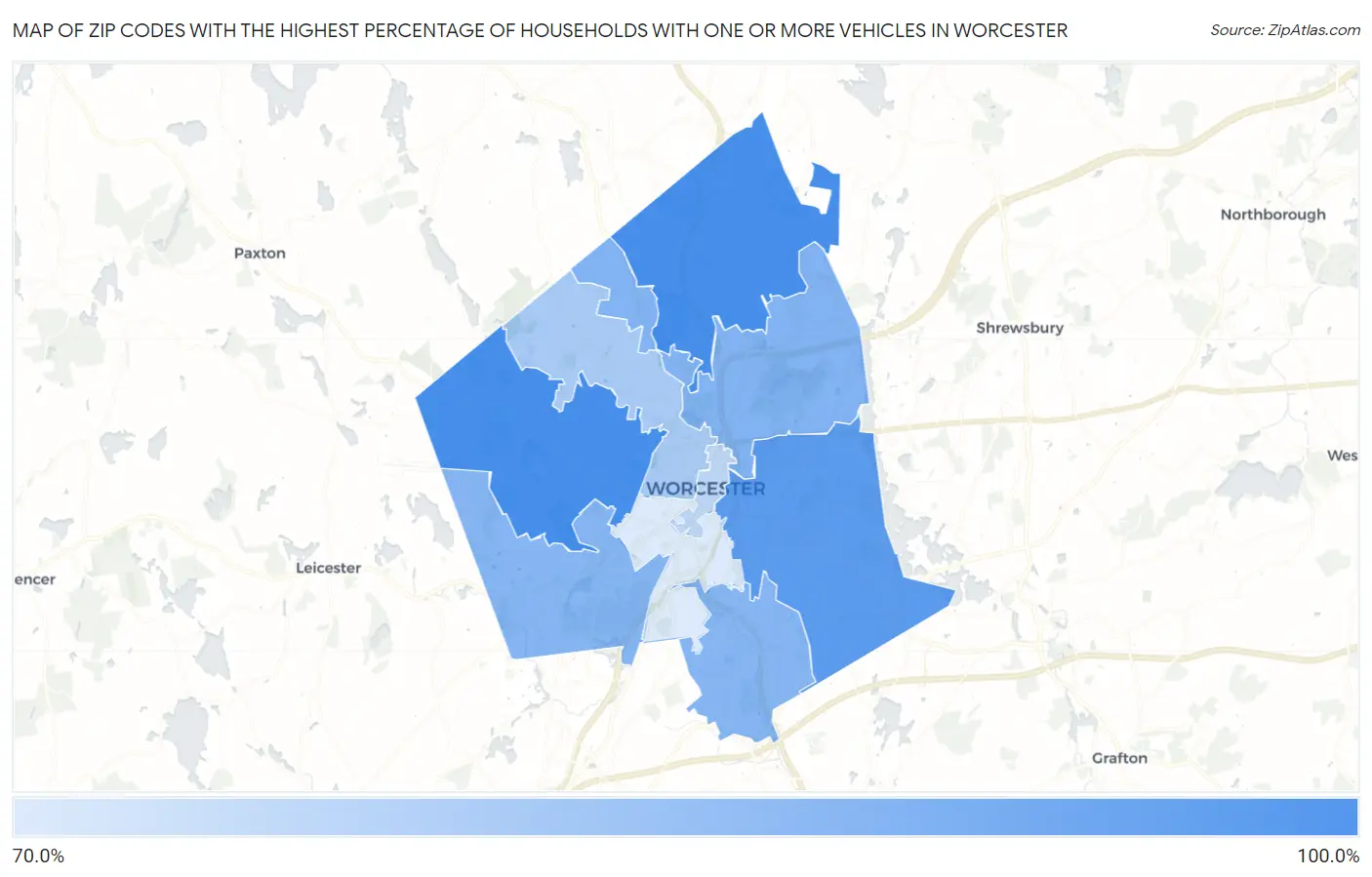 Zip Codes with the Highest Percentage of Households With One or more Vehicles in Worcester Map