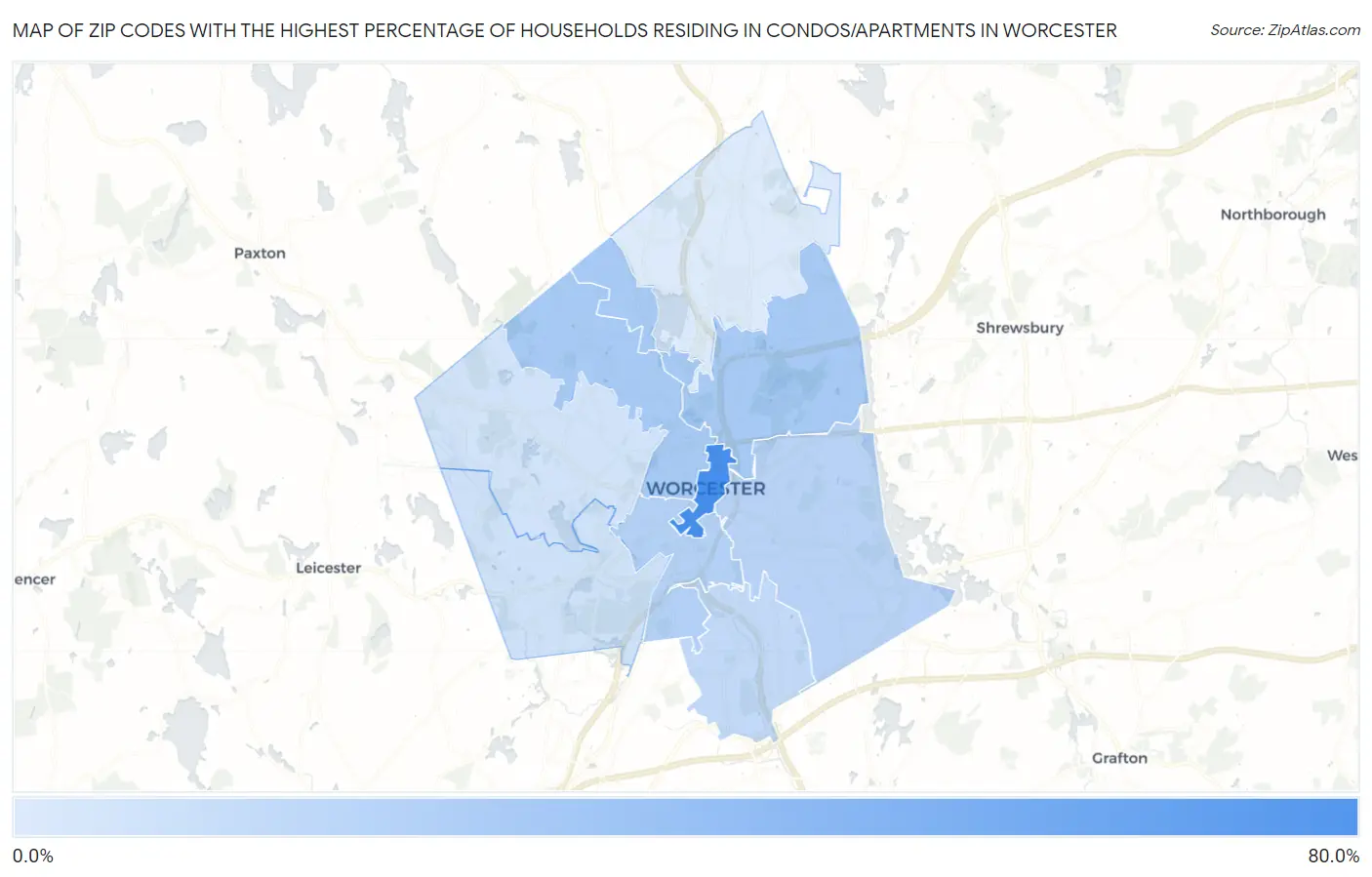 Zip Codes with the Highest Percentage of Households Residing in Condos/Apartments in Worcester Map