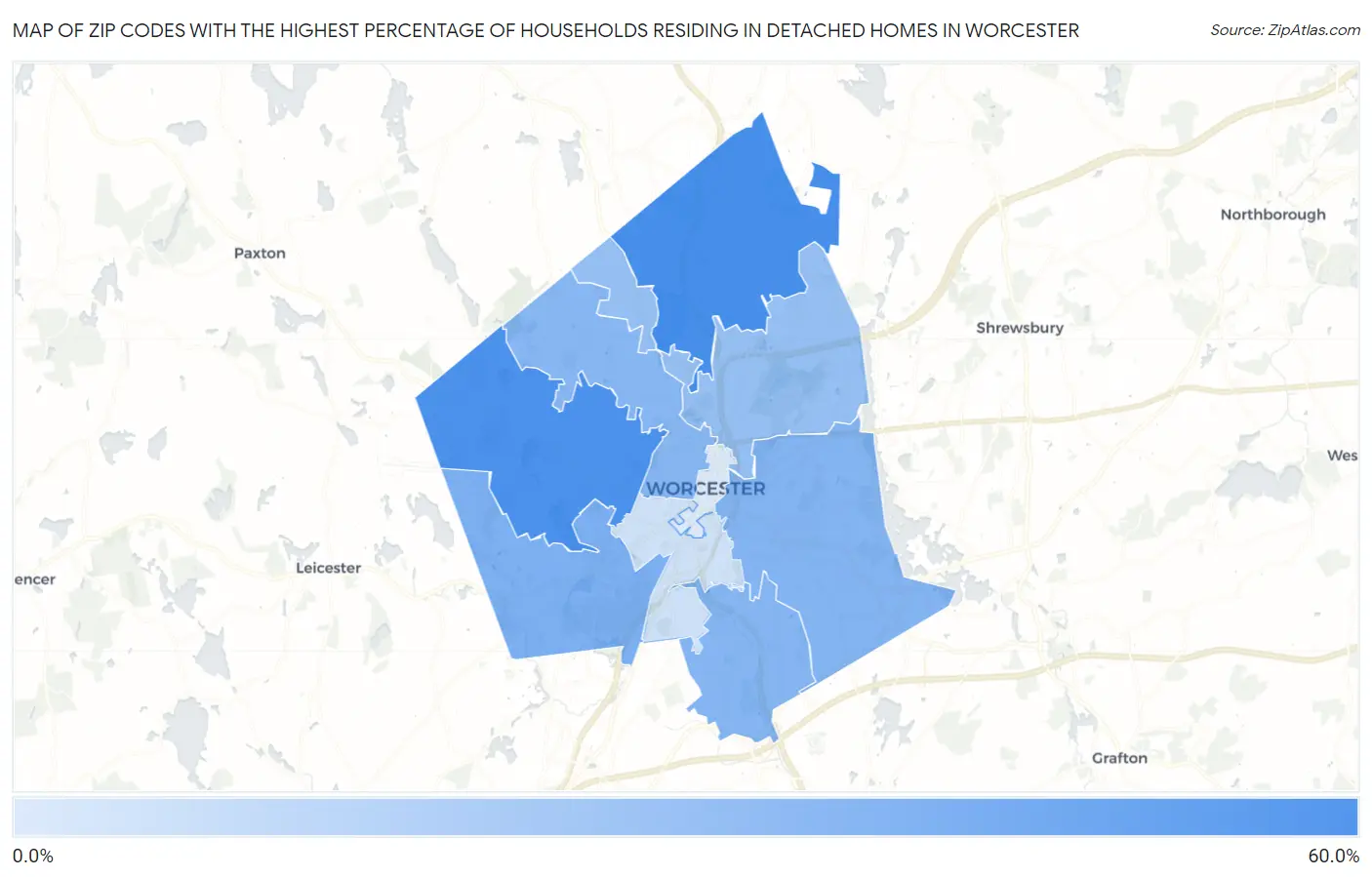 Zip Codes with the Highest Percentage of Households Residing in Detached Homes in Worcester Map