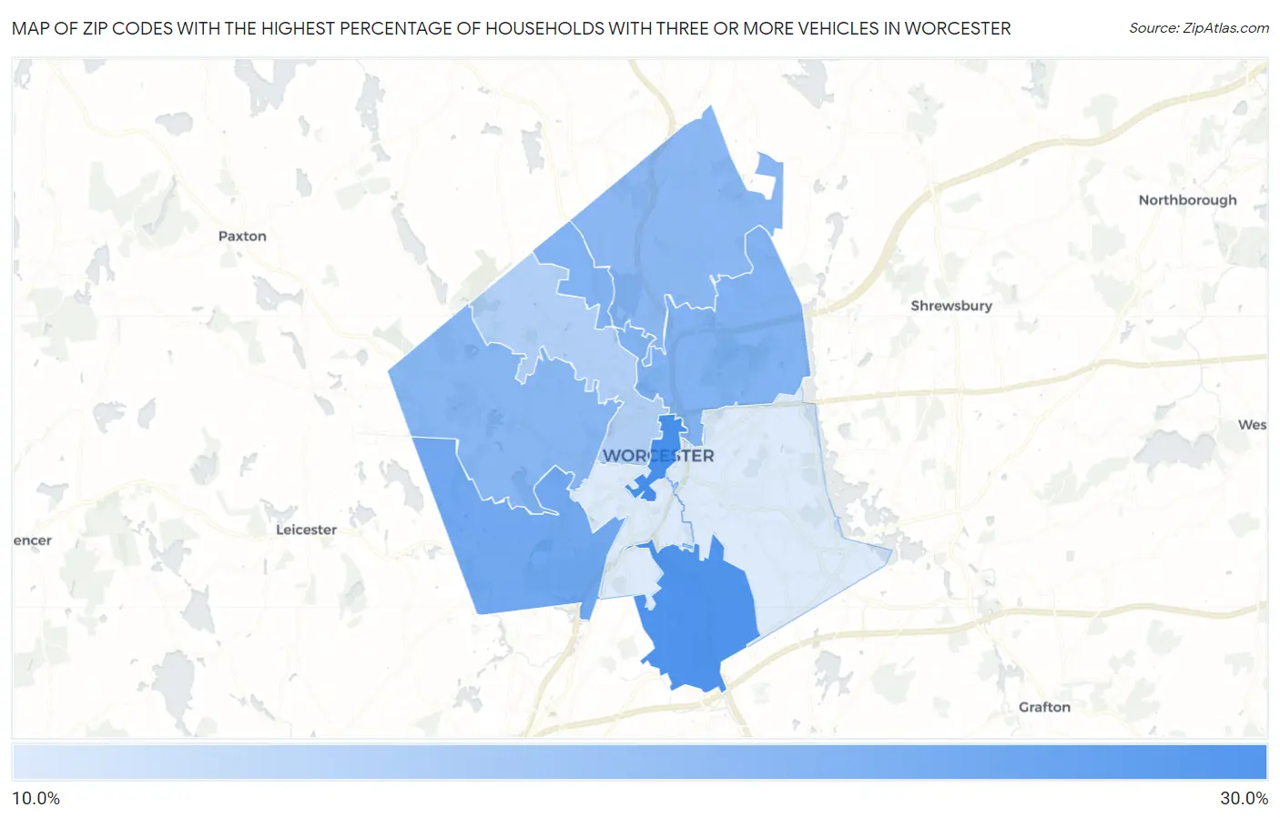 Zip Codes with the Highest Percentage of Households With Three or more Vehicles in Worcester Map