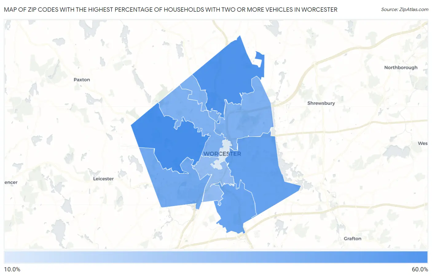Zip Codes with the Highest Percentage of Households With Two or more Vehicles in Worcester Map