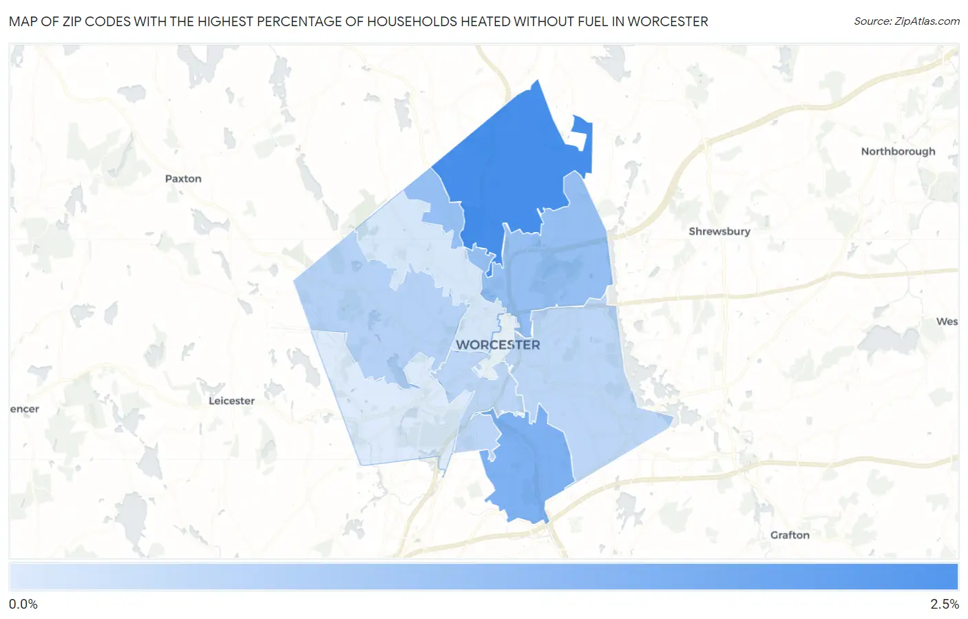 Zip Codes with the Highest Percentage of Households Heated without Fuel in Worcester Map