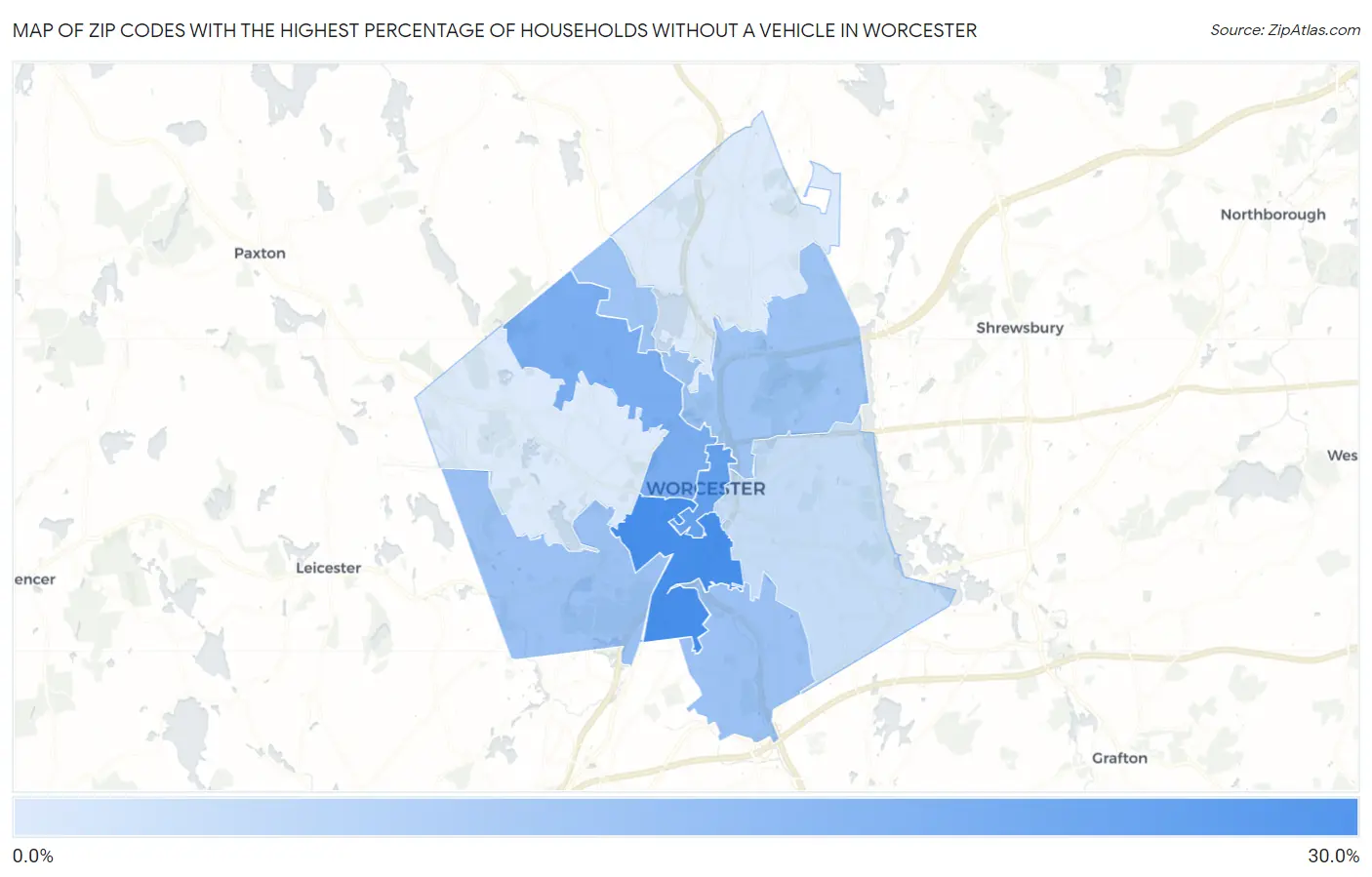 Zip Codes with the Highest Percentage of Households Without a Vehicle in Worcester Map