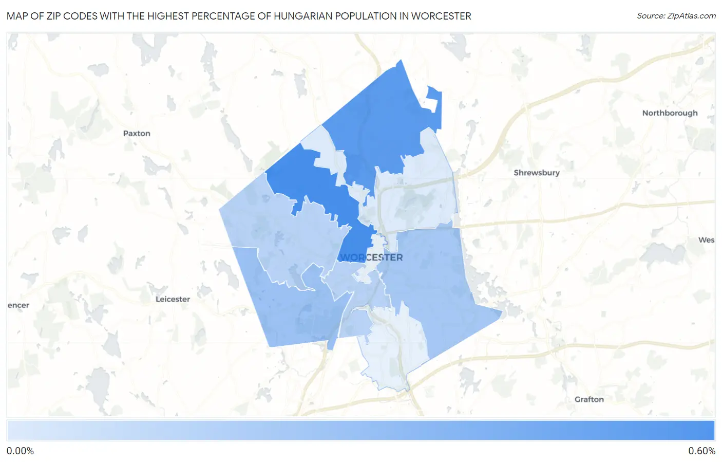 Zip Codes with the Highest Percentage of Hungarian Population in Worcester Map