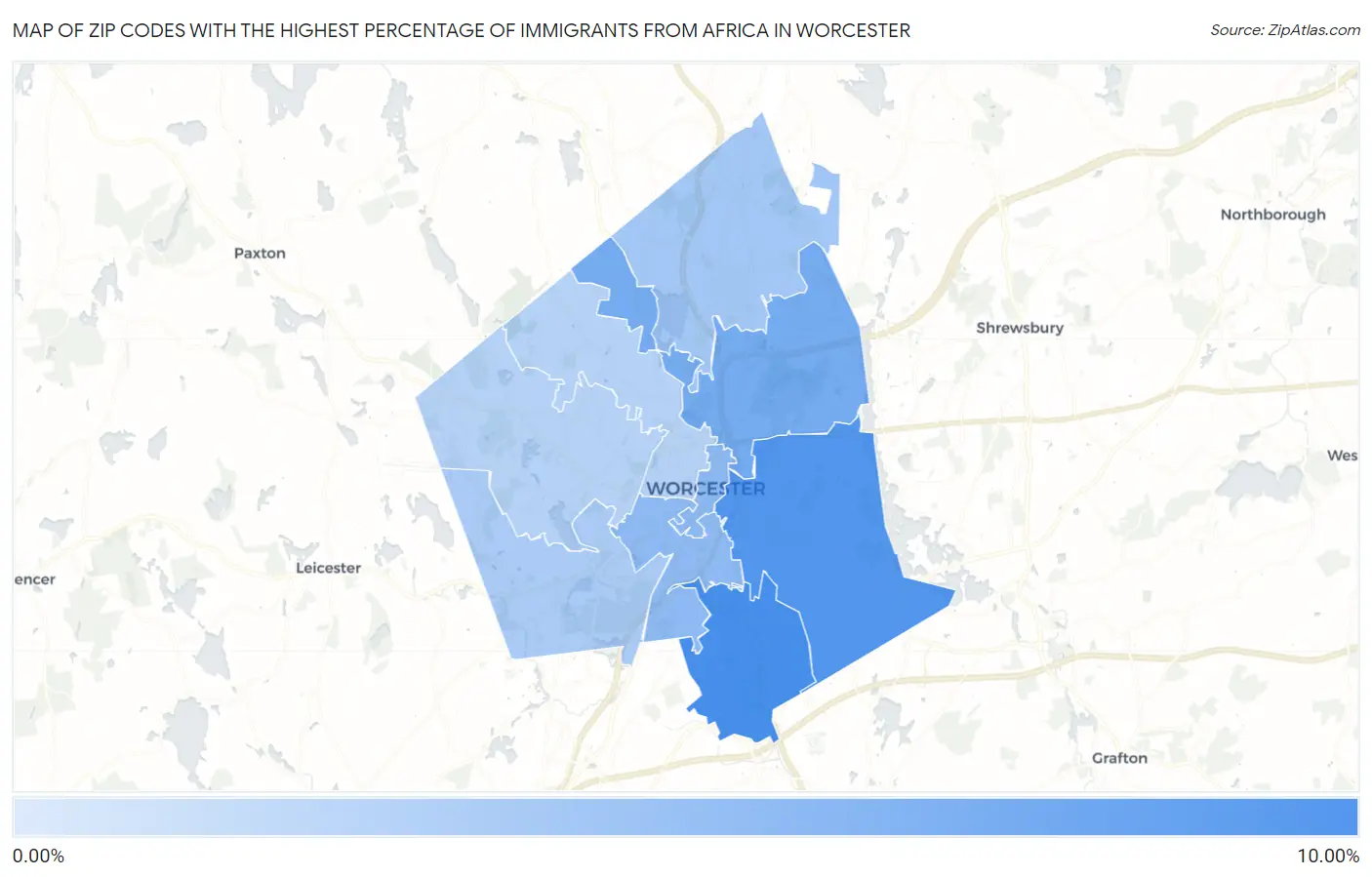 Zip Codes with the Highest Percentage of Immigrants from Africa in Worcester Map