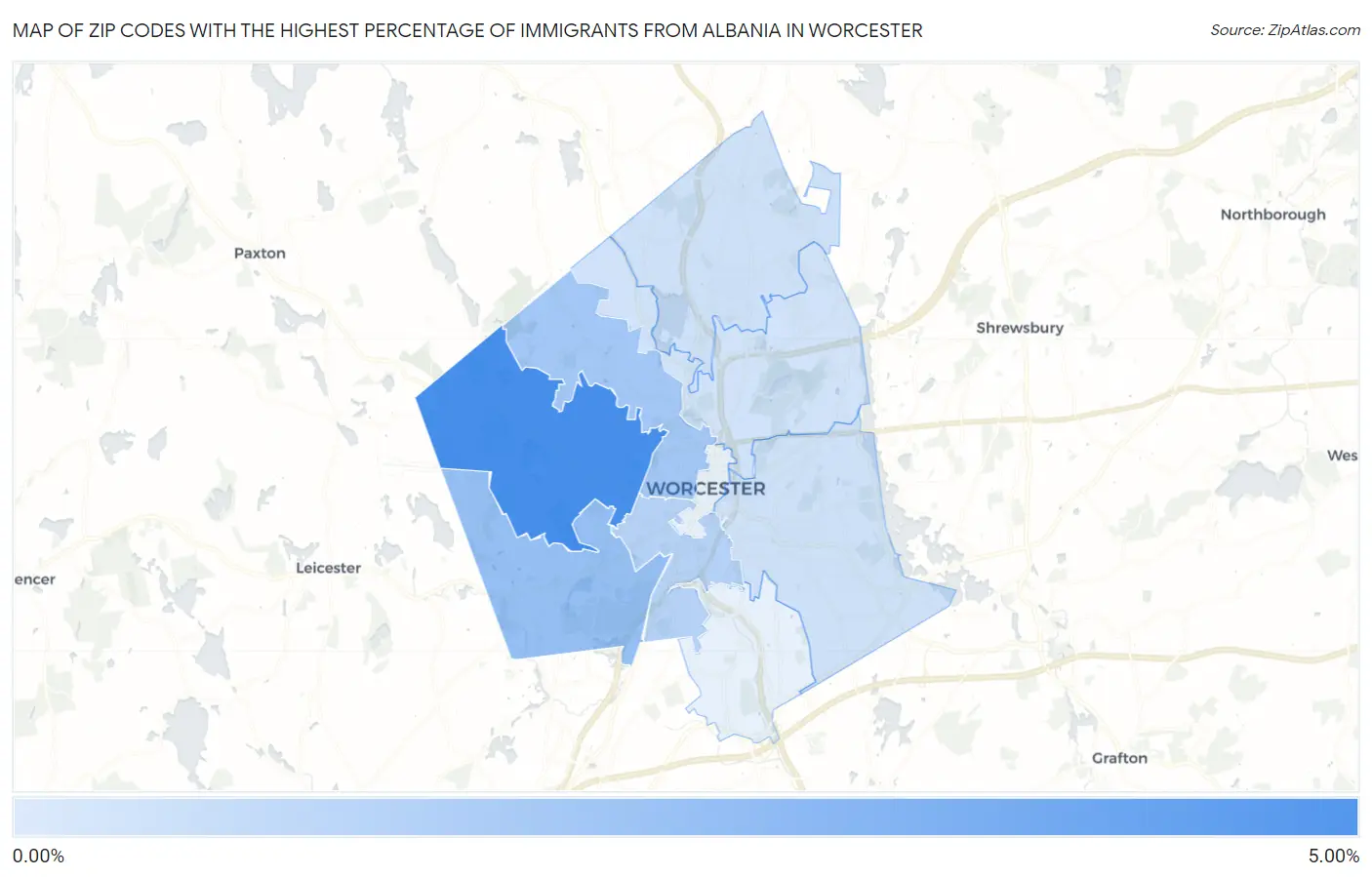 Zip Codes with the Highest Percentage of Immigrants from Albania in Worcester Map