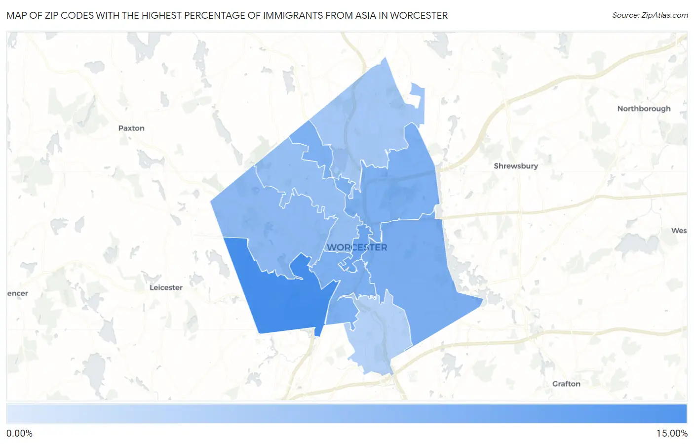 Zip Codes with the Highest Percentage of Immigrants from Asia in Worcester Map