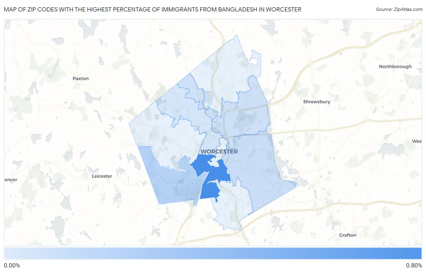 Zip Codes with the Highest Percentage of Immigrants from Bangladesh in Worcester Map