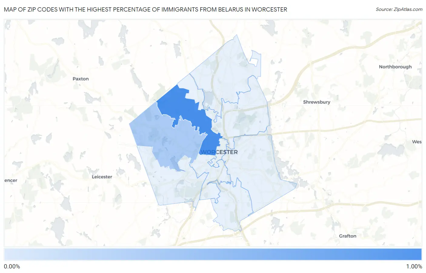 Zip Codes with the Highest Percentage of Immigrants from Belarus in Worcester Map